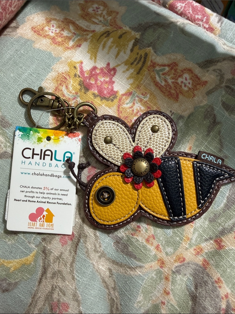 Chala Yellow & Black Bee Leather Key Charm with Flower Accent NWT